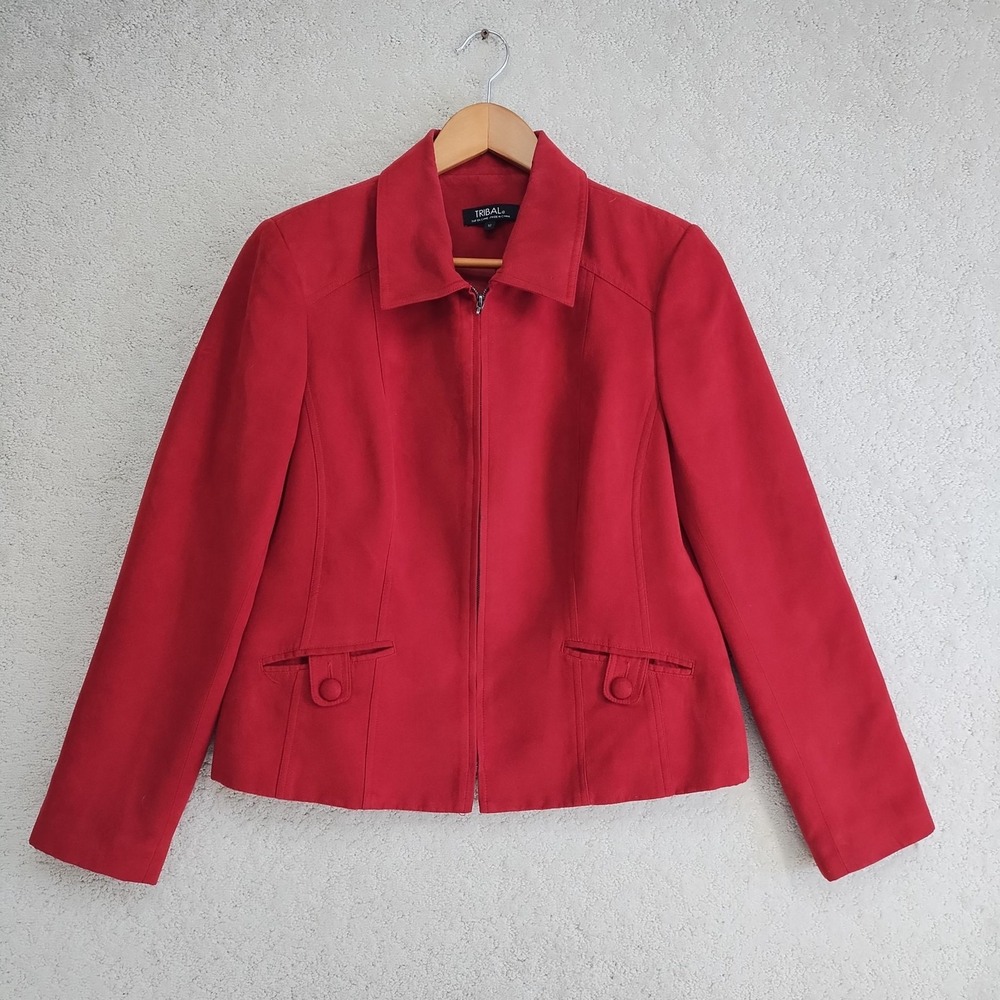 Tribal Jacket Womens 12 Red Suede Zip Front Collared Button Detail Tailored
